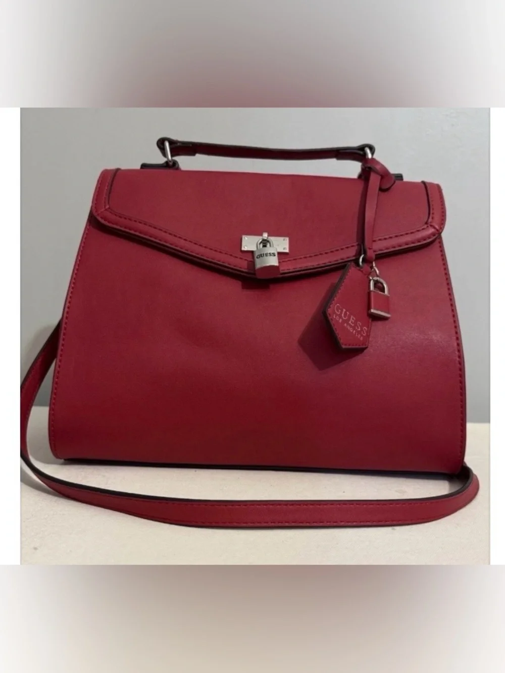 GUESS Kravitz Red Structured Top-Handle Satchel Crossbody Bag with Charm